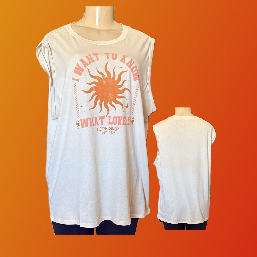 Foreigner Band Sun Graphic 4X Sandstone Cream Muscle Tank Tee  Rolled Sleeve